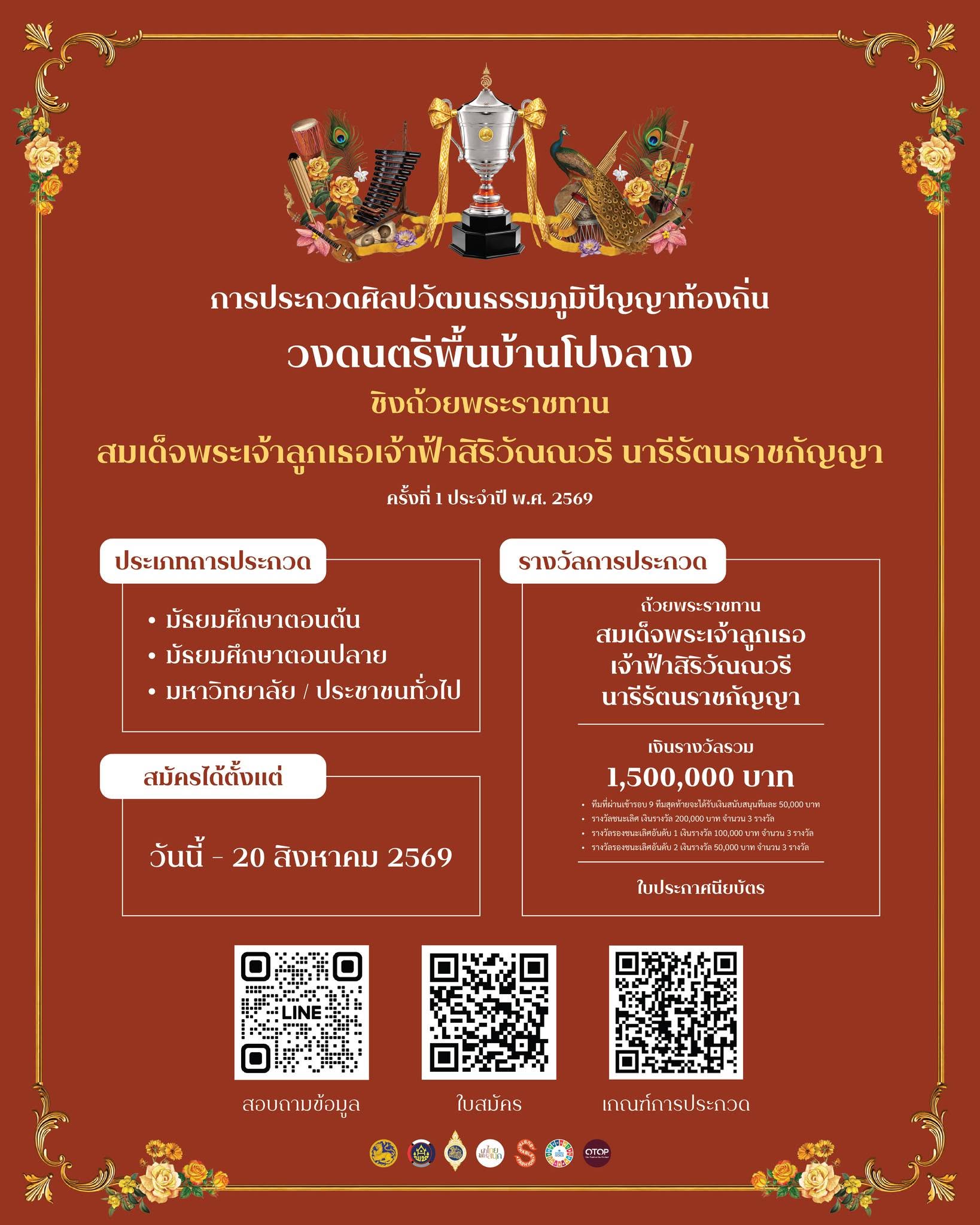 พช.สอยดาว ขอเชิญชวนเยาวชนและประชาชนผู้มีใจรักศิลปวัฒนธรรม ร่วมส่งผลงานเข้าประกวด "วงดนตรีพื้นบ้านโปงลาง" ชิงถ้วยพระราชทาน
